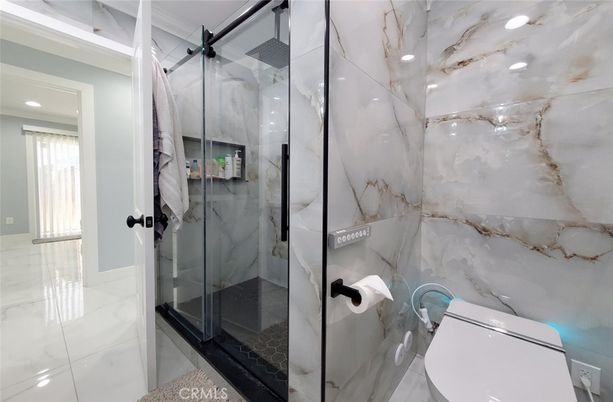 Bathroom, Glass Shower, Interior, Marble, Marble Walls, Recessed Lighting
