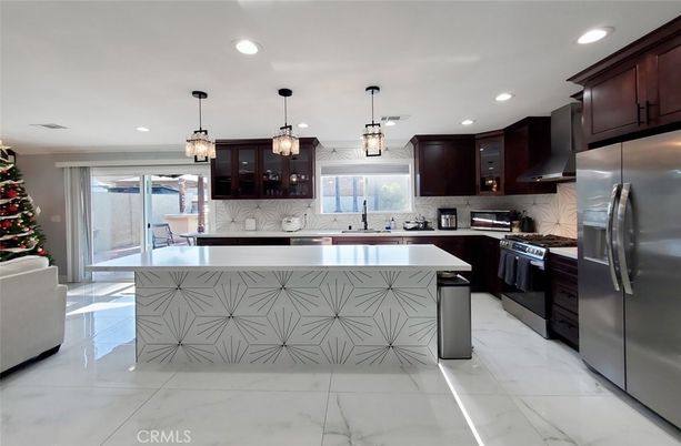 Interior, Kitchen, Marble, Pendant Lights, Recessed Lighting, Stainless Steel Appliances