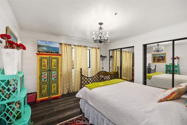 Bedroom, Chandelier, Interior, Wood Texture Flooring
