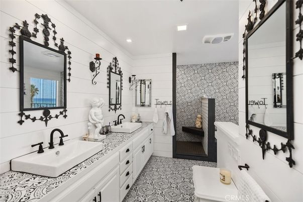 Bathroom, Dual Sink Vanities, Interior, Recessed Lighting, Tile Countertops