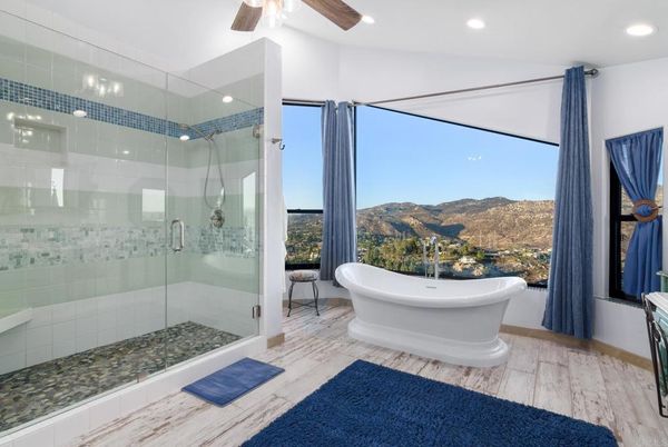 Bathroom, Free Standing Baths, Glass Shower, Interior, Recessed Lighting, Wood Texture Flooring