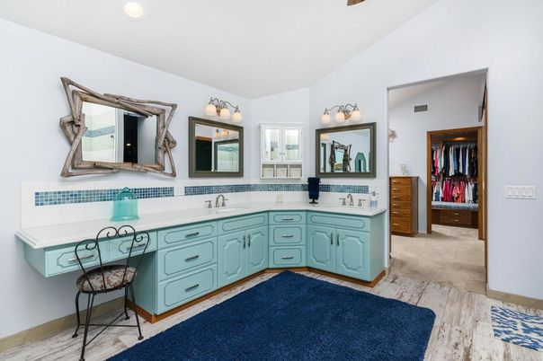 Bathroom, Dual Sink Vanities, Interior, Recessed Lighting, Wood Texture Flooring