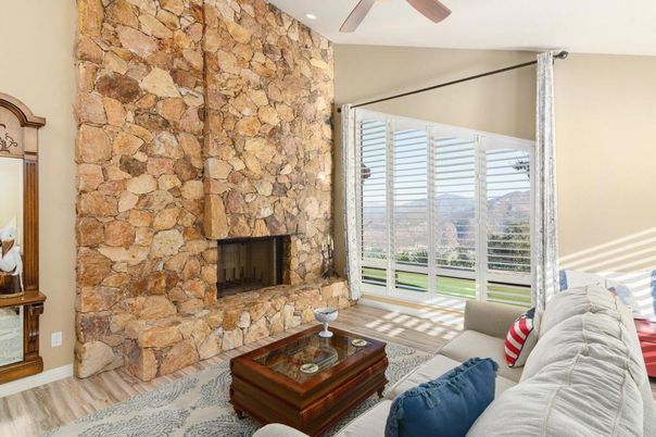 Fireplace, Interior, Living room, Recessed Lighting, Stone Walls