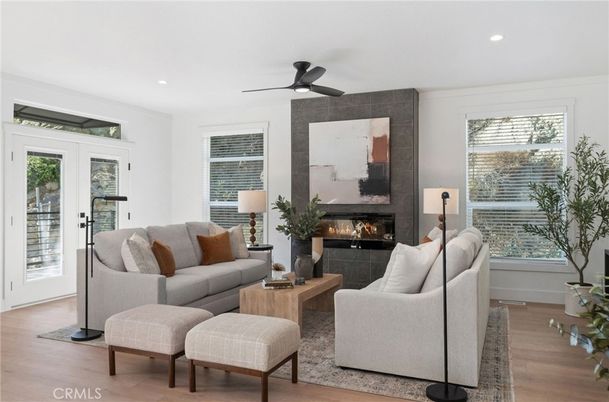 Fireplace, Interior, Living room, Recessed Lighting, Wood Texture Flooring