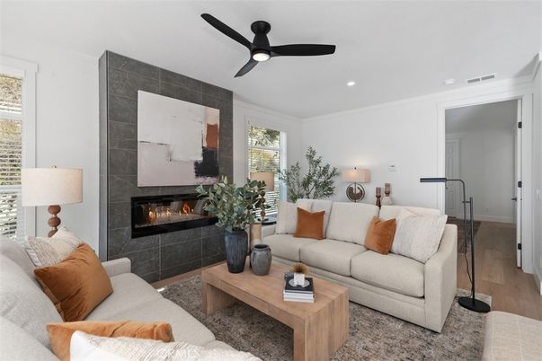 Fireplace, Interior, Living room, Recessed Lighting, Wood Texture Flooring