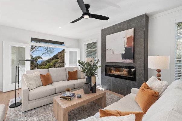 Fireplace, Interior, Living room, Recessed Lighting, Wood Texture Flooring