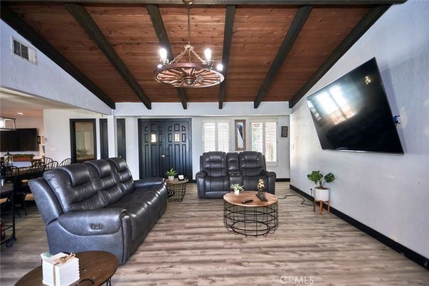 Chandelier, Dining room, Interior, Living room, Wooden Beams, Wooden Ceilings, Wood Texture Flooring