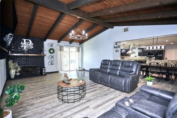 Dining room, Fireplace, Interior, Kitchen, Living room, Pendant Lights, Recessed Lighting, Stone Walls, Wooden Beams, Wooden Ceilings, Wood Texture Flooring