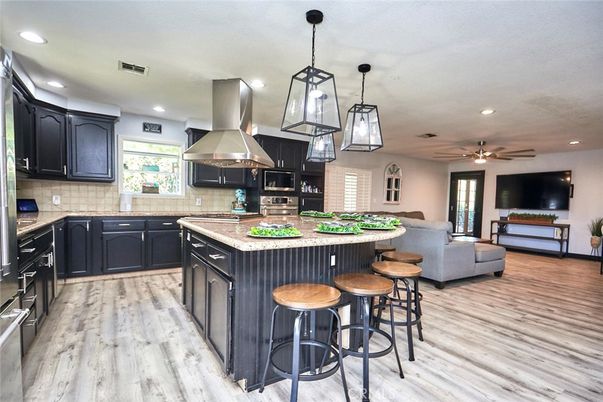 Interior, Kitchen, Living room, Pendant Lights, Recessed Lighting, Stainless Steel Appliances, Wood Texture Flooring