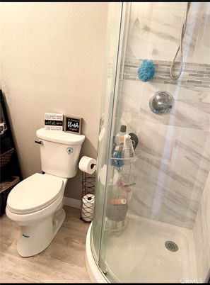Bathroom, Glass Shower, Interior, Wood Texture Flooring