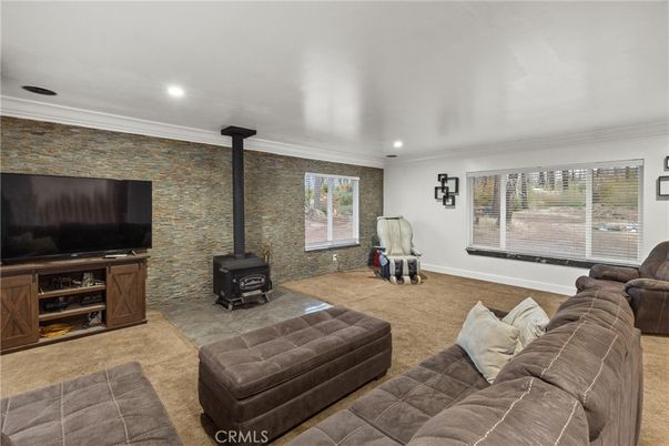 Fireplace, Interior, Living room, Recessed Lighting, Stone Walls