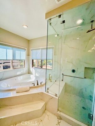 Bathroom, Glass Shower, Interior, Marble Walls, Recessed Lighting