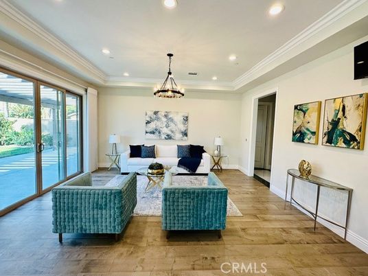 Chandelier, Interior, Living room, Recessed Lighting, Wood Texture Flooring