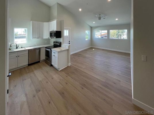 Interior, Kitchen, Recessed Lighting, Stainless Steel Appliances, Wood Texture Flooring