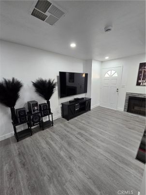Fireplace, Interior, Recessed Lighting, Wood Texture Flooring