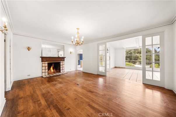 Chandelier, Empty room, Fireplace, Interior, Wood Texture Flooring