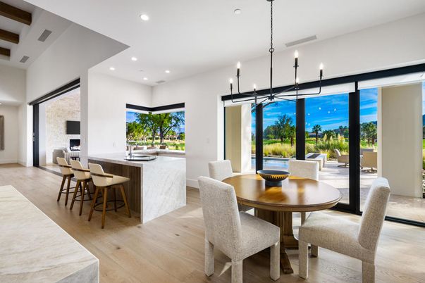 Dining room, Interior, Pendant Lights, Recessed Lighting, Water, Wood Texture Flooring