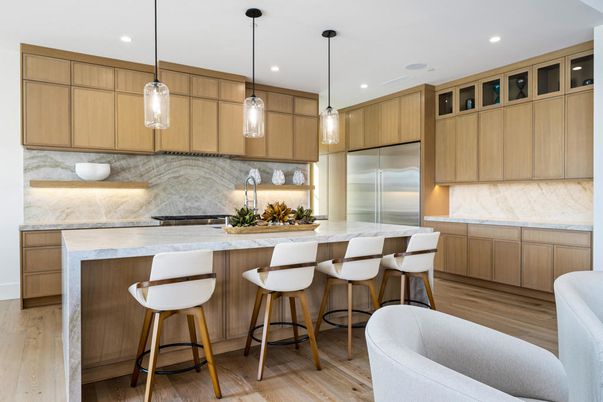 Interior, Kitchen, Marble Walls, Pendant Lights, Recessed Lighting, Stainless Steel Appliances, Wood Texture Flooring