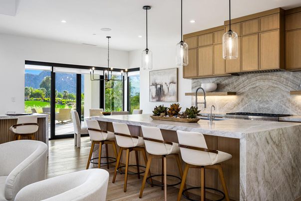 Dining room, Interior, Kitchen, Pendant Lights, Recessed Lighting, Wood Texture Flooring