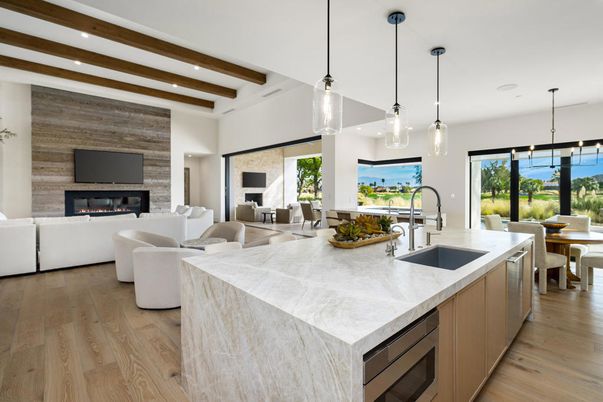 Dining room, Fireplace, Interior, Kitchen, Living room, Pendant Lights, Recessed Lighting, Water, Wooden Beams, Wood Texture Flooring