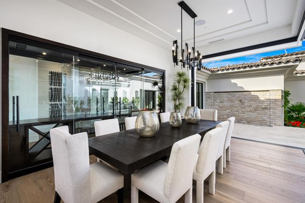 Dining room, Interior, Pendant Lights, Recessed Lighting, Wood Texture Flooring