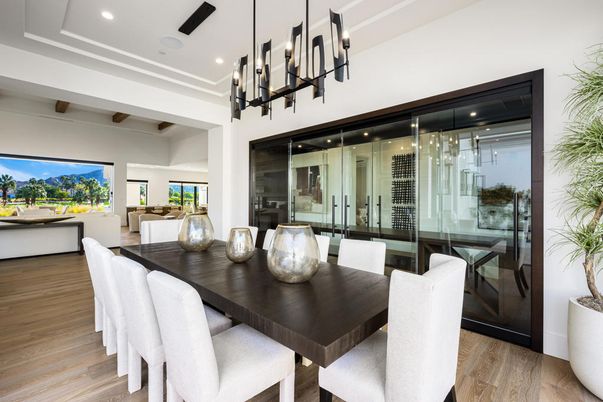 Dining room, Interior, Pendant Lights, Recessed Lighting, Wood Texture Flooring