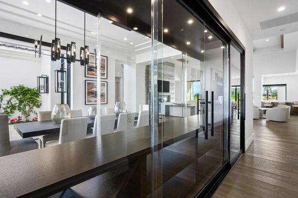 Dining room, Interior, Living room, Pendant Lights, Recessed Lighting, Wood Texture Flooring
