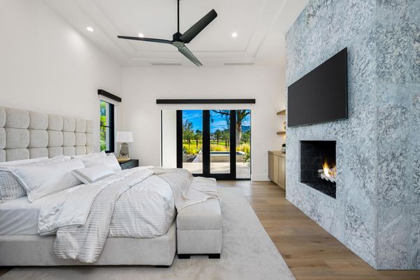 Bedroom, Fireplace, Interior, Recessed Lighting, Wood Texture Flooring