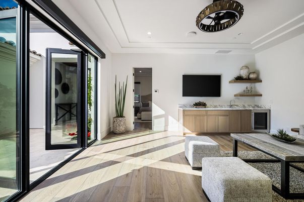Fireplace, Interior, Recessed Lighting, Wood Texture Flooring