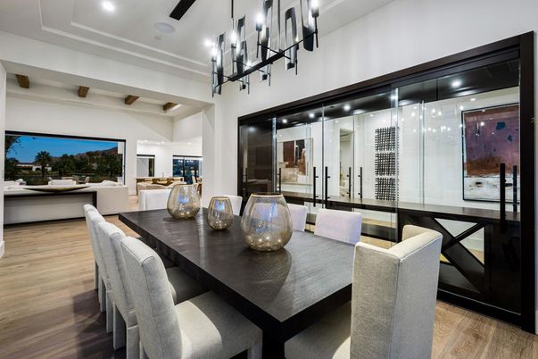 Chandelier, Dining room, Interior, Recessed Lighting, Wood Texture Flooring