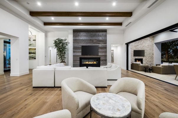 Fireplace, Interior, Living room, Recessed Lighting, Stone Walls, Wooden Beams, Wood Texture Flooring