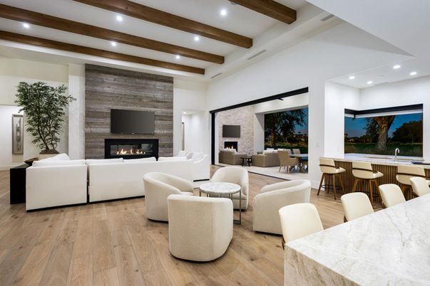 Dining room, Fireplace, Interior, Living room, Recessed Lighting, Stone Walls, Wooden Beams, Wood Texture Flooring
