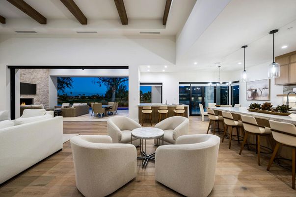 Dining room, Fireplace, Interior, Living room, Pendant Lights, Recessed Lighting, Stone Walls, Wooden Beams, Wood Texture Flooring