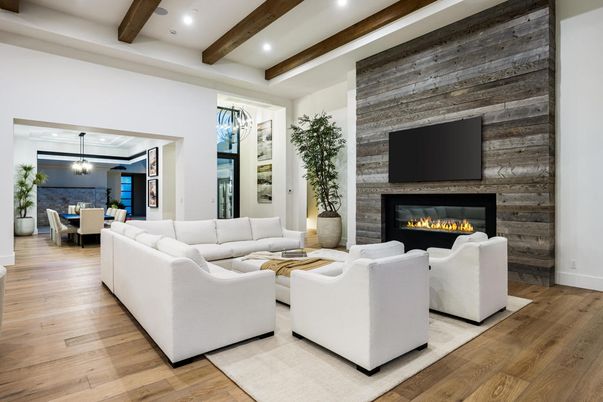 Dining room, Fireplace, Interior, Living room, Pendant Lights, Recessed Lighting, Wooden Beams, Wood Texture Flooring, Wooden Walls