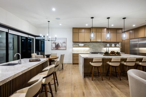 Dining room, Interior, Kitchen, Pendant Lights, Recessed Lighting, Stainless Steel Appliances, Wood Texture Flooring