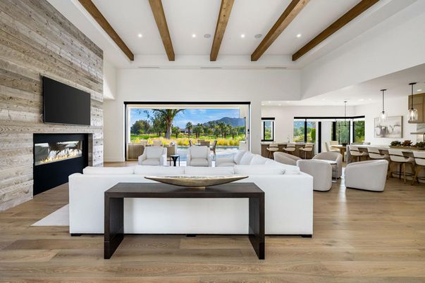 Dining room, Fireplace, Interior, Living room, Pendant Lights, Recessed Lighting, Stone Walls, Wooden Beams, Wood Texture Flooring
