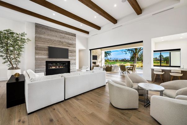 Dining room, Fireplace, Interior, Living room, Recessed Lighting, Water, Wooden Beams, Wood Texture Flooring