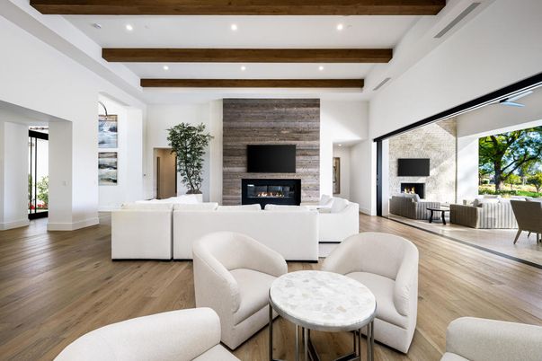 Fireplace, Interior, Living room, Recessed Lighting, Stone Walls, Wooden Beams, Wood Texture Flooring