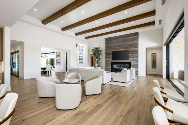 Fireplace, Interior, Living room, Recessed Lighting, Stone Walls, Wooden Beams, Wood Texture Flooring