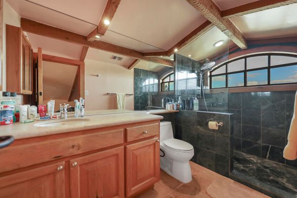 Bathroom, Glass Shower, Interior, Recessed Lighting, Wooden Beams