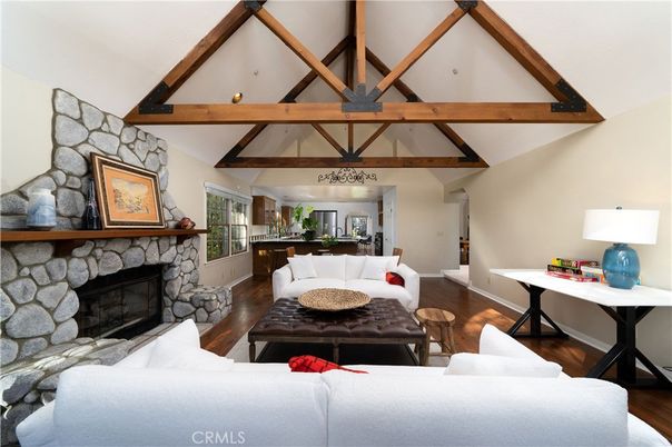 Fireplace, Interior, Living room, Stone Walls, Wooden Beams, Wood Texture Flooring