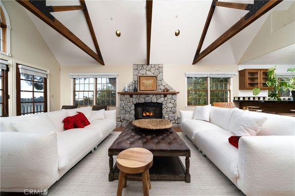 Fireplace, Interior, Living room, Recessed Lighting, Stone Walls, Wooden Beams