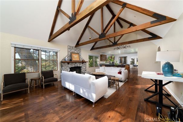 Dining room, Fireplace, Interior, Living room, Wooden Beams, Wood Texture Flooring