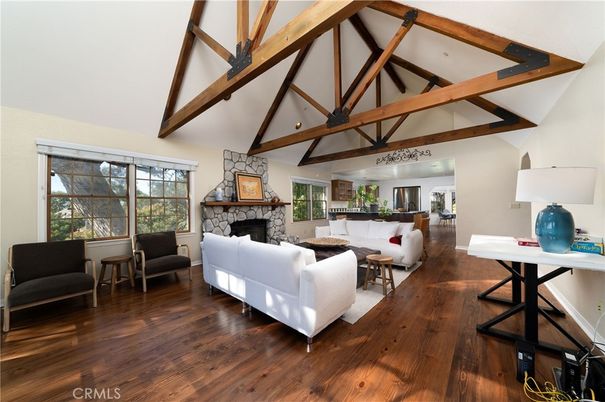 Dining room, Fireplace, Interior, Living room, Recessed Lighting, Wooden Beams, Wood Texture Flooring