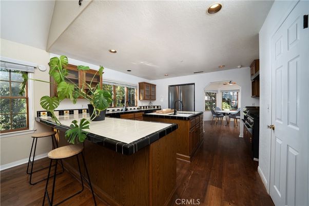 Dining room, Interior, Kitchen, Recessed Lighting, Tile Countertops, Wood Texture Flooring