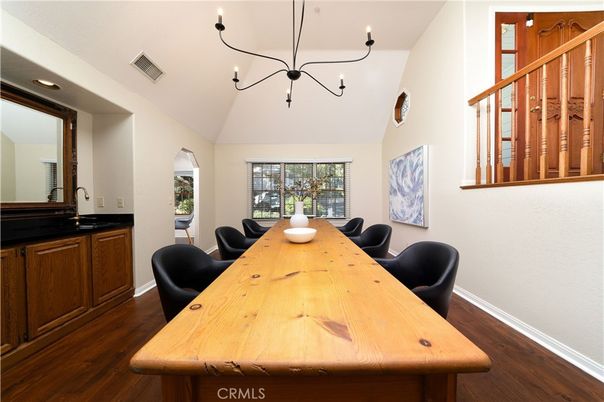 Chandelier, Dining room, Interior, Recessed Lighting, Wood Texture Flooring