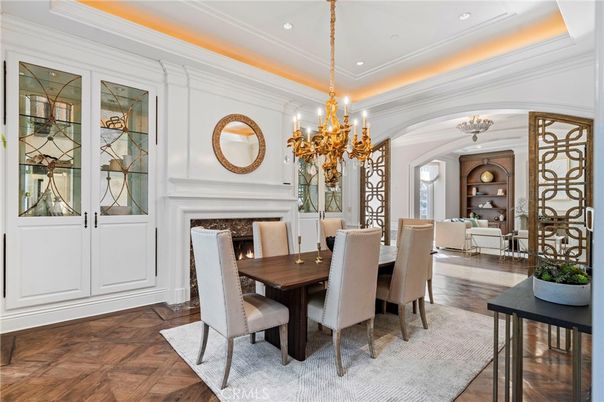 Chandelier, Dining room, Fireplace, Interior, Living room, Recessed Lighting, Wood Texture Flooring