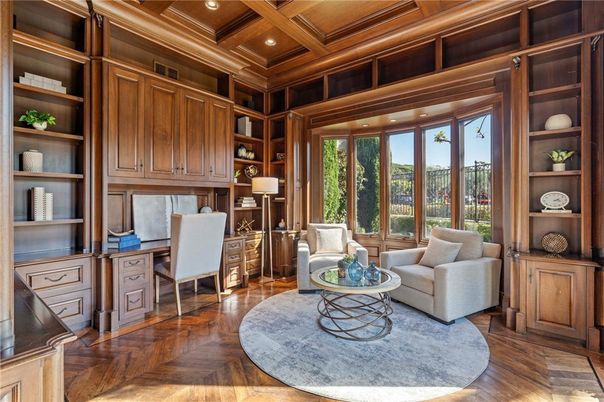 Home Office, Interior, Recessed Lighting, Wooden Beams, Wooden Ceilings, Wood Texture Flooring