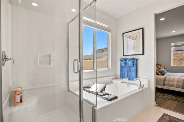 Bathroom, Bedroom, Glass Shower, Interior, Recessed Lighting, Wood Texture Flooring
