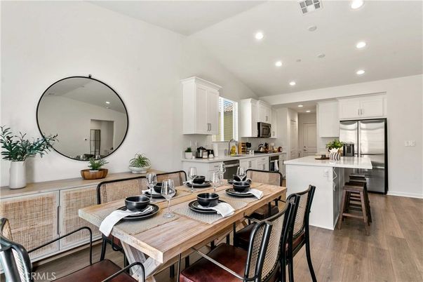 Dining room, Interior, Kitchen, Recessed Lighting, Stainless Steel Appliances, Wood Texture Flooring